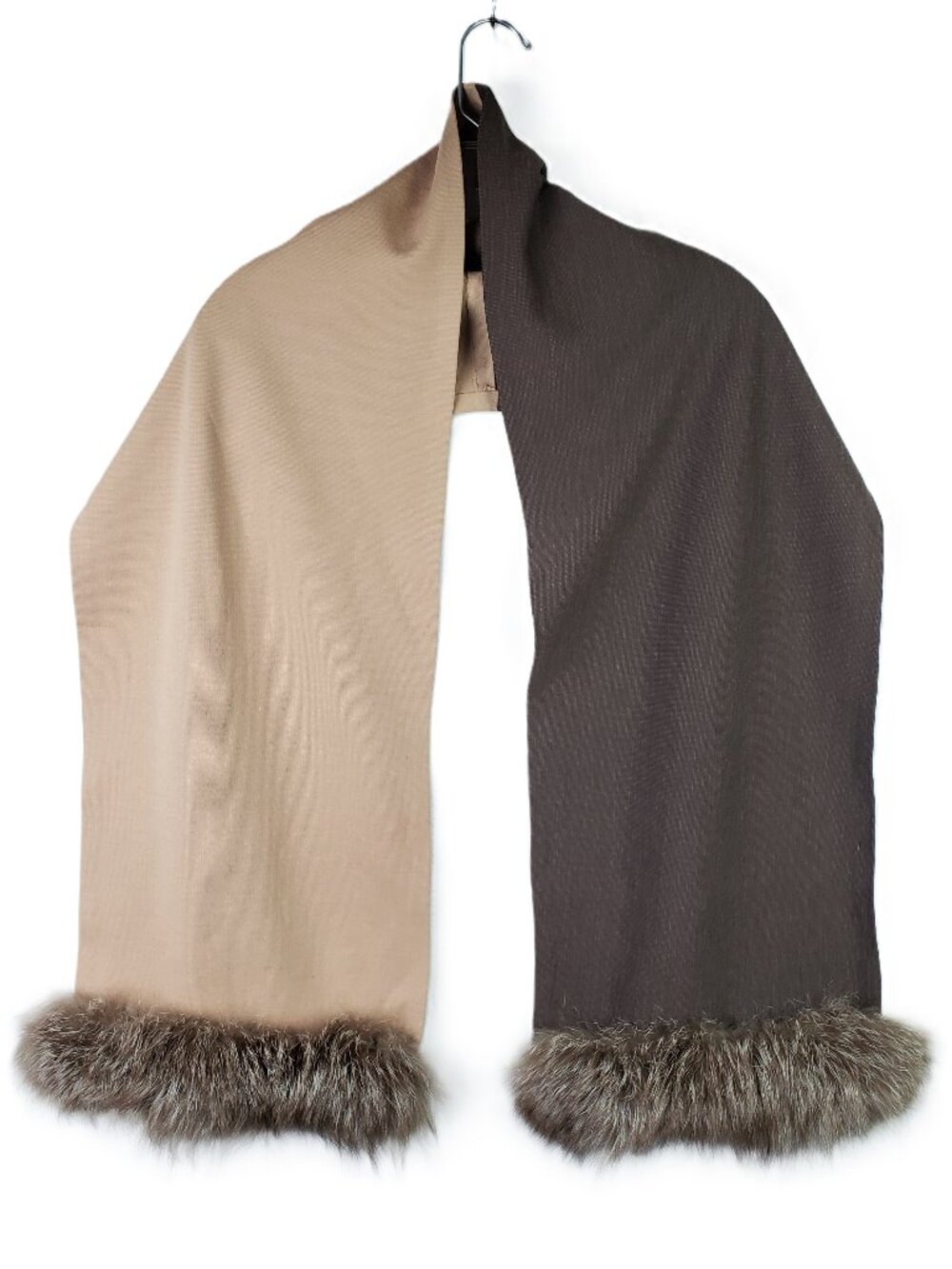 Vintage Shawl Scarf Genuine Fur Trim Handcrafted Colorblock Two Tone O/S